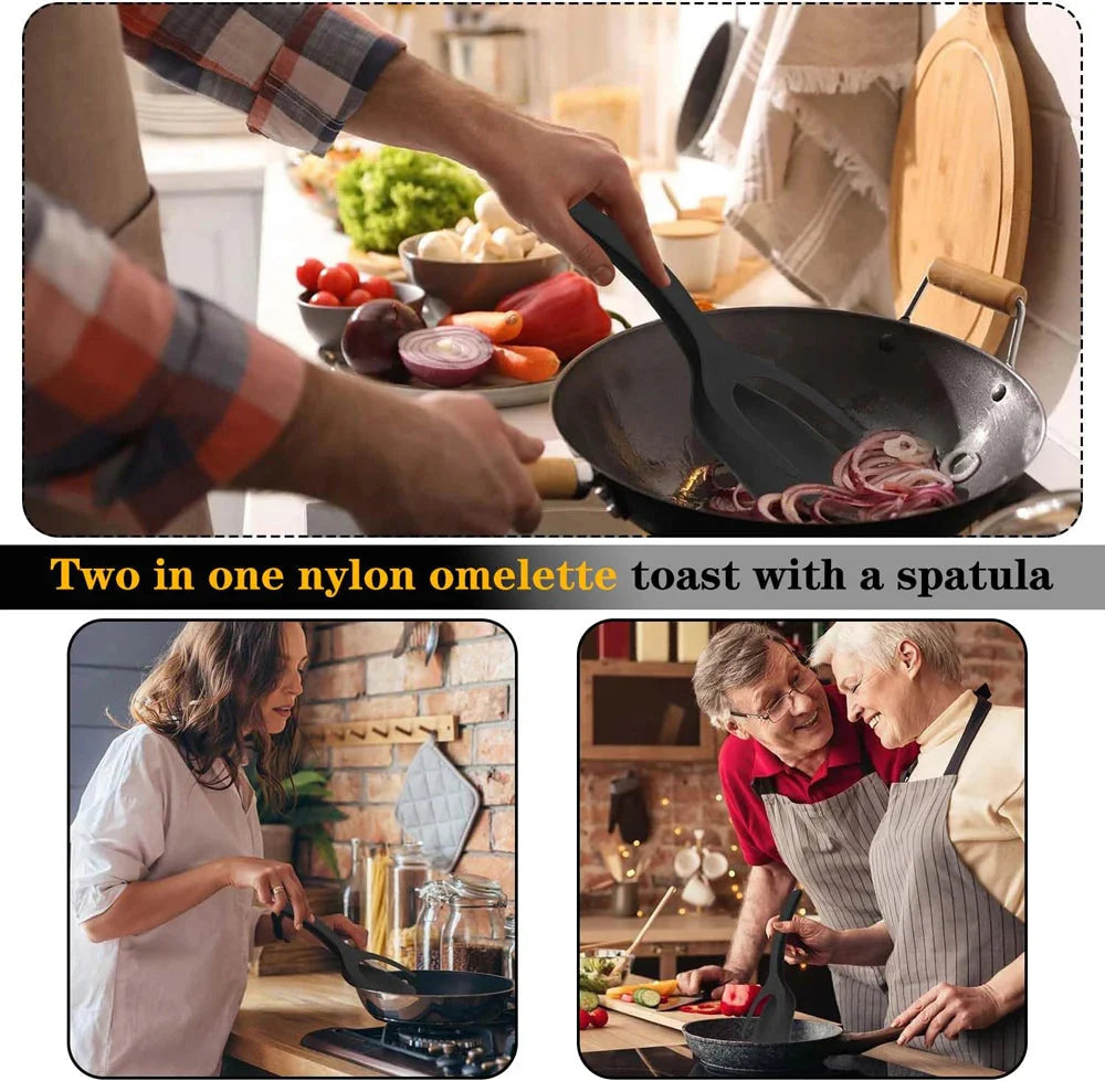 2-in-1 Grip Flip Spatula Tongs - Non-Stick Nylon Egg Flipper & Cooking Tool